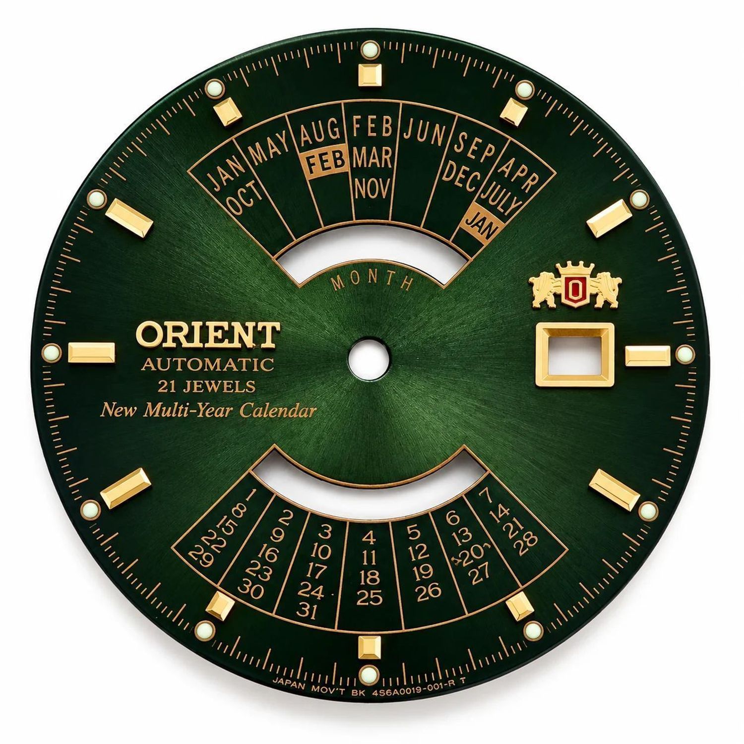 Oryginalna tarcza do zegarka Orient 46D40019-001FGT-R – butelkowa zieleń, złote detale.jpg